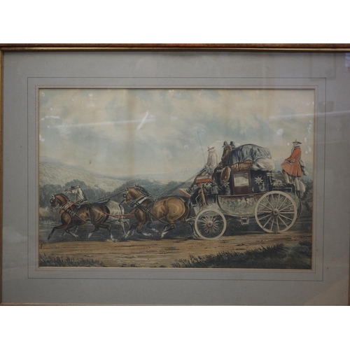 339 - A pair of early 19th century coloured aquatint, coaching scenes, in burr maple frames