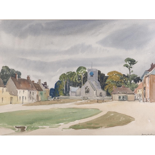 367 - Harry Mosley, 1925: watercolours, village scene with church, 9 1/2