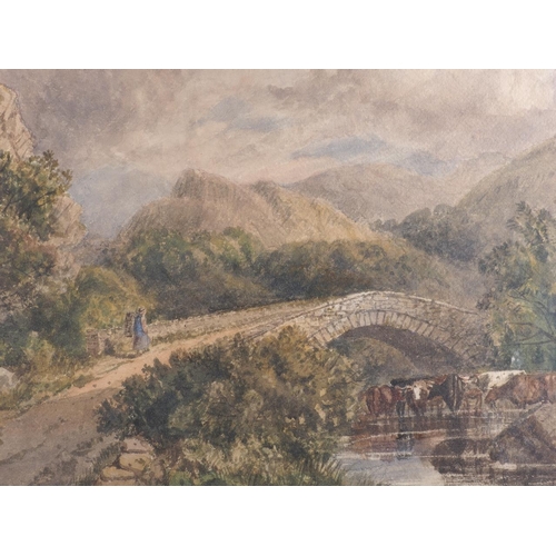 381 - James Price: watercolours, landscape with cattle watering under a bridge, 14 1/2