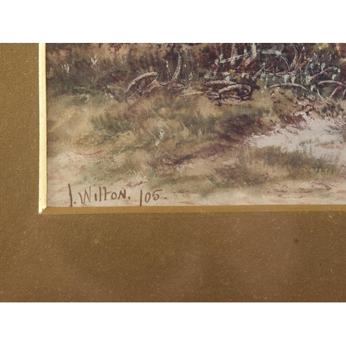 382 - J Wilton, 1905: a watercolour landscape with cottage, figures and a sheep, 6 1/2