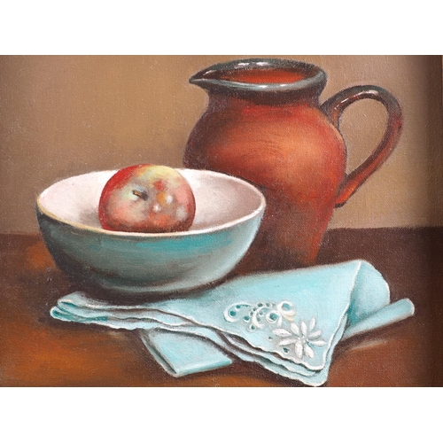 391 - Joyce Wyatt: four oils on canvas, still life with apples, 7 1/2