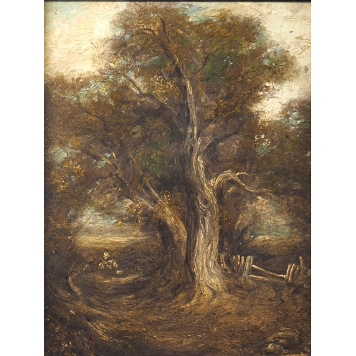 393 - Harry Henshaw?/David Cox?: a 19th century impasto oil, wooded lane with stile, 11