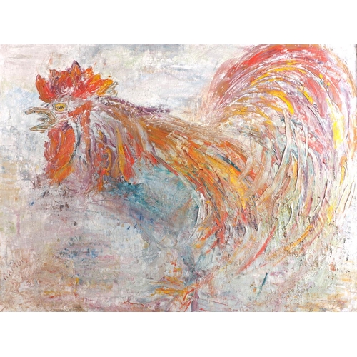 396 - Amok: an oil on board, rooster crowing, 19 1/2