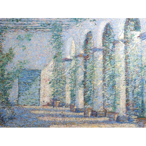 397 - Walter F Burrows: four oil on boards, Pointillist study of an arcade, 12 1/2