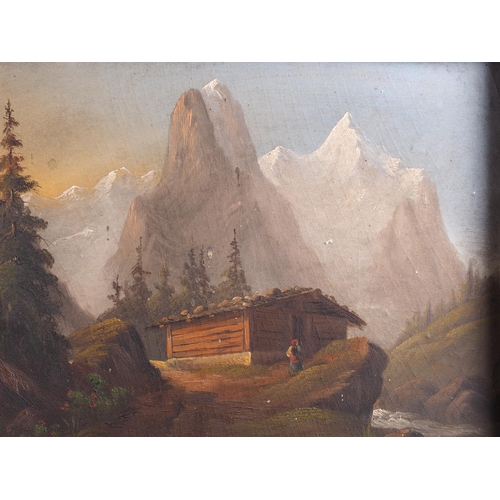 400 - A 19th century Continental oil on board, mountain scene with chalet, 9 1/4