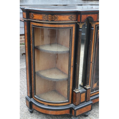 447 - A mid Victorian burr walnut and inlaid ebonised break bowfront credenza enclosed central door, inset... 