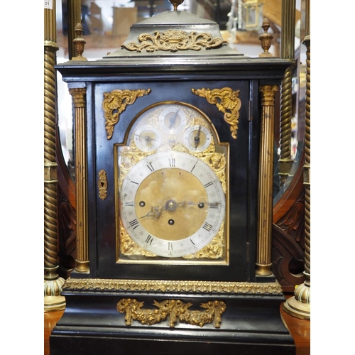 111 - An ebonised and gilt metal mounted bracket clock with eight-day striking and chiming movement on eig... 