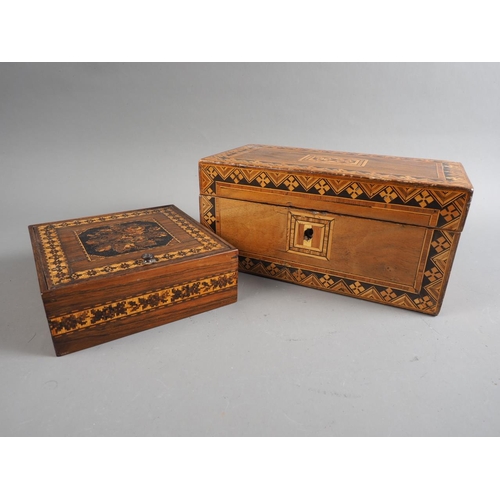 133 - A Tunbridgeware hinged box with floral decoration and a marquetry decorated two-division tea caddy