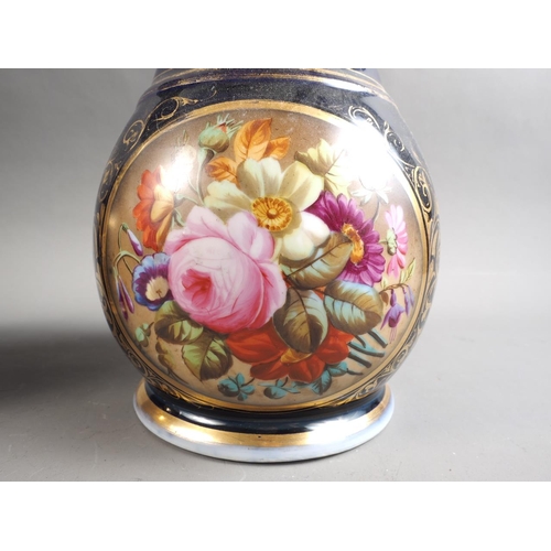 17 - A pair of early 19th century bone china vases with flared rims and floral reserve panels on a blue g... 