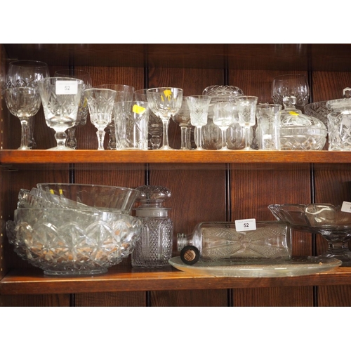 52 - Four cut glass hocks, six wines, a fern engraved goblet, a moulded glass basket, seven moulded glass... 