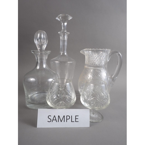 61 - A 19th century cut and etched lemonade jug, five brandy balloons and two decanters, etc