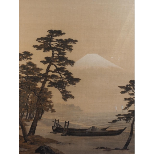 96 - A Japanese silk picture, lake scene with pine trees and Mt Fuji in distance, in ebonised frame, 20 1... 