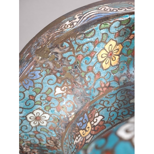 98 - A Chinese cloisonne enamel two-handle vase with figure and bird decorated panels, 18