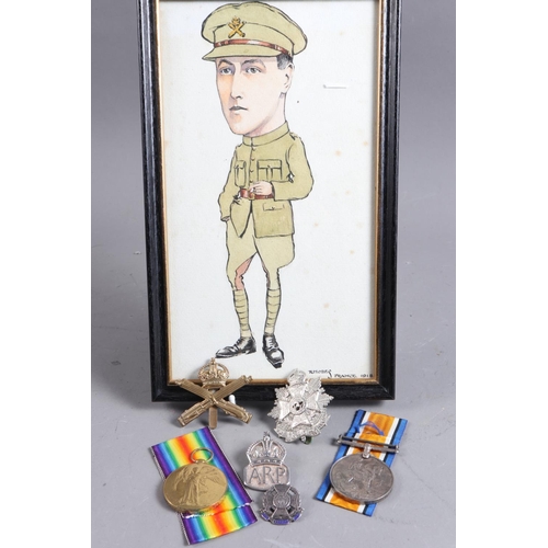 288 - Two WWI medals, awarded to Private T B Todd, together with two regimental cap badges and watercolour... 