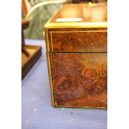 137 - A 19th century burr walnut and brass mounted writing box with fitted interior and three 