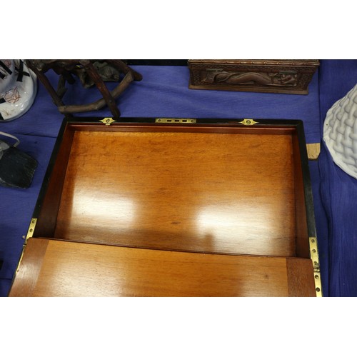 137 - A 19th century burr walnut and brass mounted writing box with fitted interior and three 