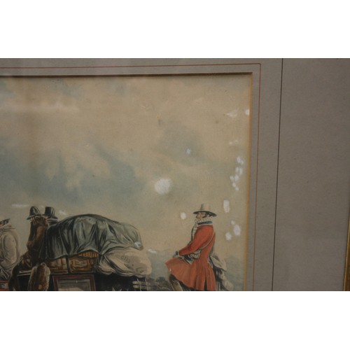 339 - A pair of early 19th century coloured aquatint, coaching scenes, in burr maple frames