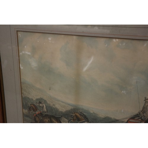 339 - A pair of early 19th century coloured aquatint, coaching scenes, in burr maple frames