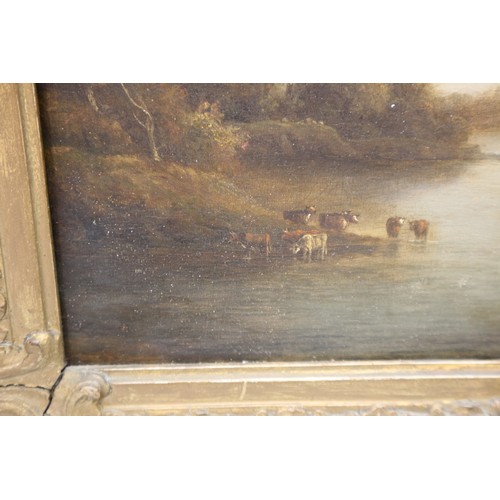 399 - An early 19th century oil on panel landscapes with fisherman, cattle and distant castle, 9 1/2