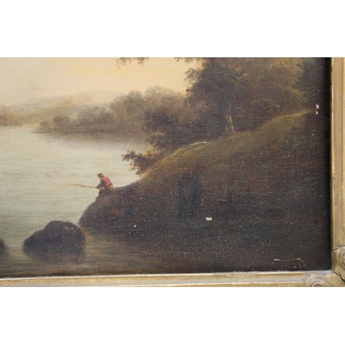 399 - An early 19th century oil on panel landscapes with fisherman, cattle and distant castle, 9 1/2