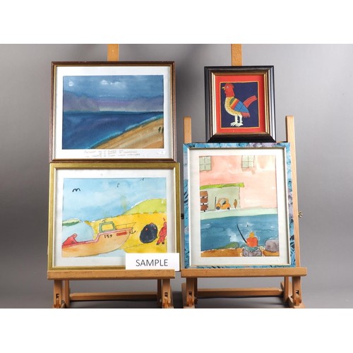 379 - M R Bates: three watercolours, landscapes, three others, in strip frames, three Naive School waterco... 