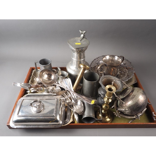 221 - Two silver plated entree dishes and covers, a pierced bread basket, a quantity of plated flatware, a... 