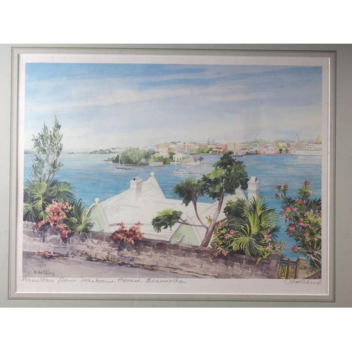 347 - C Holding: a pair of prints, views of Bermuda, and another similar print, in gilt strip frames, and ... 