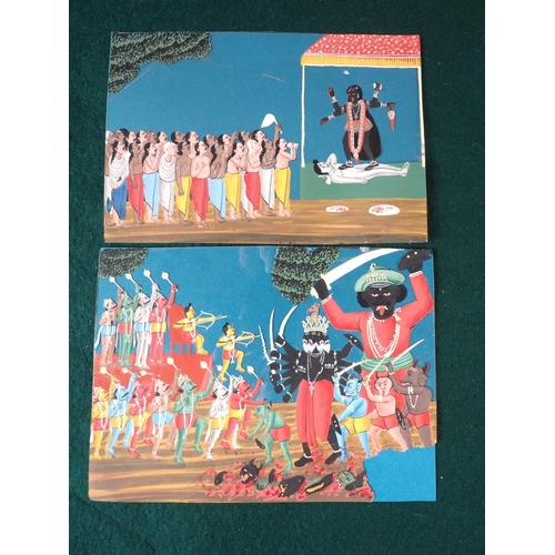 378 - Two 19th century Trichinopoly opaque pigment on mica paintings of scenes from Ramayana, larger 5