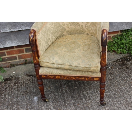 446 - A 19th century Dutch marquetry showframe tub seat armchair with loose seat cushion, on turned and ca... 