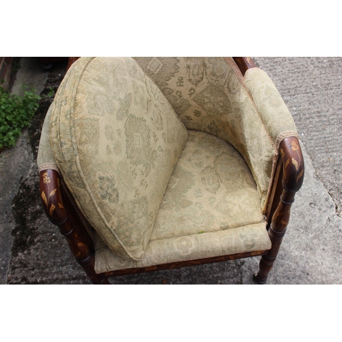 446 - A 19th century Dutch marquetry showframe tub seat armchair with loose seat cushion, on turned and ca... 