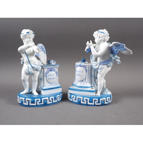 11 - A pair of French porcelain figures of cherubs with column and altar, 7 3/4