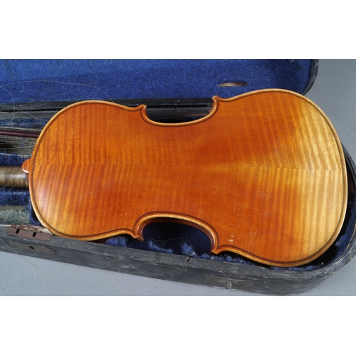 177 - A student's violin, and bow, in a wooden caseViolin is 23