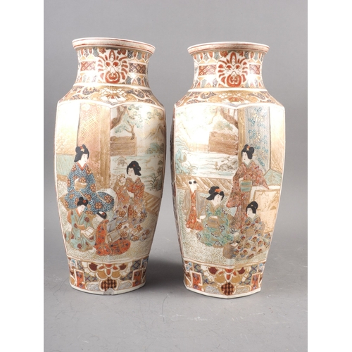 80 - A pair of Japanese Satsuma faceted vases with figure decoration, 11 3/4