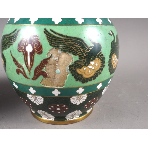 88 - A pair of Japanese cloisonne bulbous vases with swan and flower decoration, 8