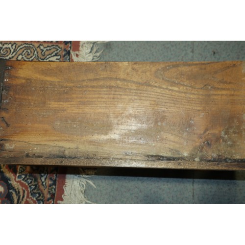 410 - An 18th century fruitwood dresser base, fitted one short and two long fielded panel front drawers, o... 