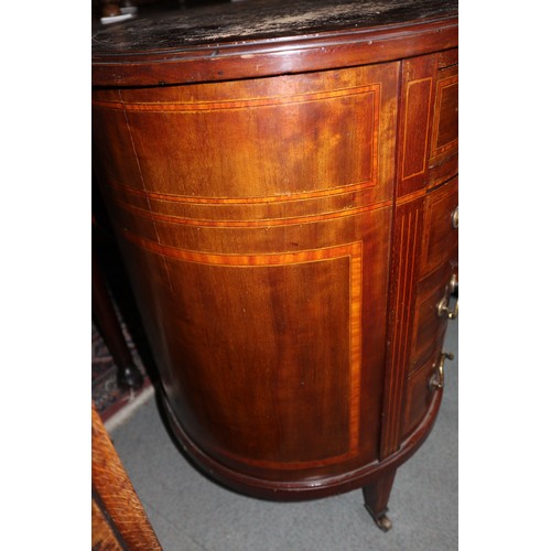 529 - A Gillows style mahogany, satinwood banded and box line inlaid kidney-shape desk, fitted eight gradu... 