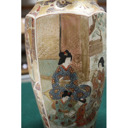 80 - A pair of Japanese Satsuma faceted vases with figure decoration, 11 3/4