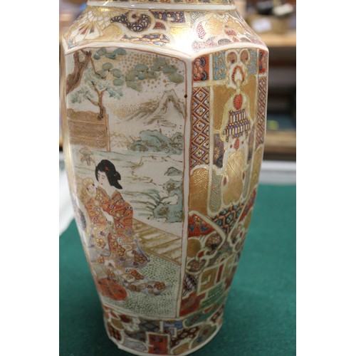 80 - A pair of Japanese Satsuma faceted vases with figure decoration, 11 3/4