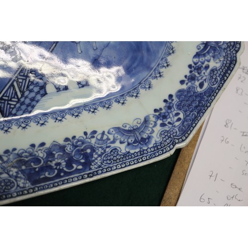 65 - A Chinese export blue and white circular dish drainer with landscape decoration, 13