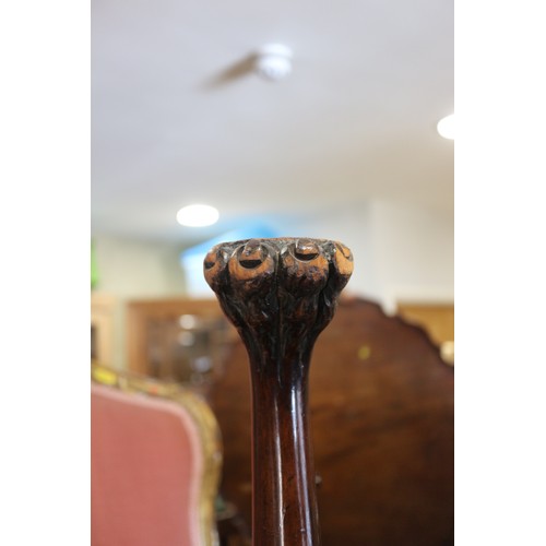 454 - A 19th century carved mahogany shape top stool, on acanthus scroll supports and lion paw feet, 20