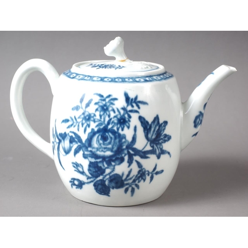 1 - An 18th century Worcester porcelain drum teapot with floral decoration, 4