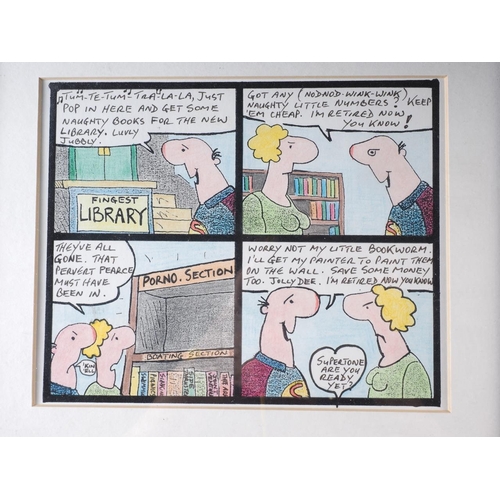 303 - Four SuperTone cartoons by Peter Pearce, all in ebonised frames, and another print, various caricatu... 