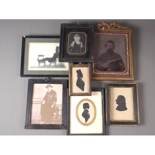 308 - Three 19th century cut paper silhouettes of gentlemen, a 19th century tin type portrait of an unknow... 