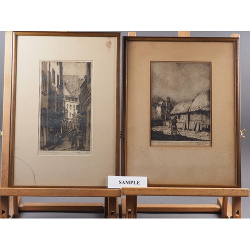 300 - Two Philip Youngman Carter etchings, farming scene and a street scene, in strip frames, and a quanti... 