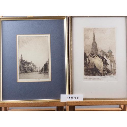 300 - Two Philip Youngman Carter etchings, farming scene and a street scene, in strip frames, and a quanti... 