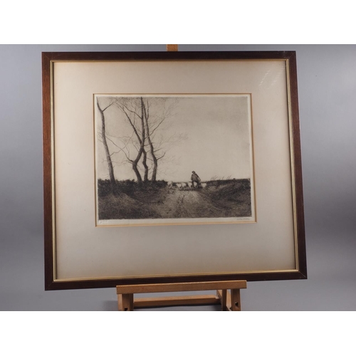 319 - Tatton Winter: a signed etching, shepherd and sheep, in mahogany frame