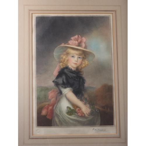 322 - An early 20th century coloured mezzotint of a young girl, in gilt frame, a colour print after Russel... 