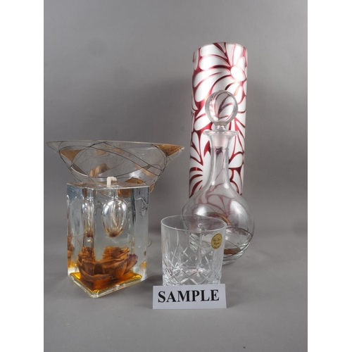 37 - Five cut lead crystal glass whisky tumblers, a glass pedestal bowl with gilt highlights, a similar d... 