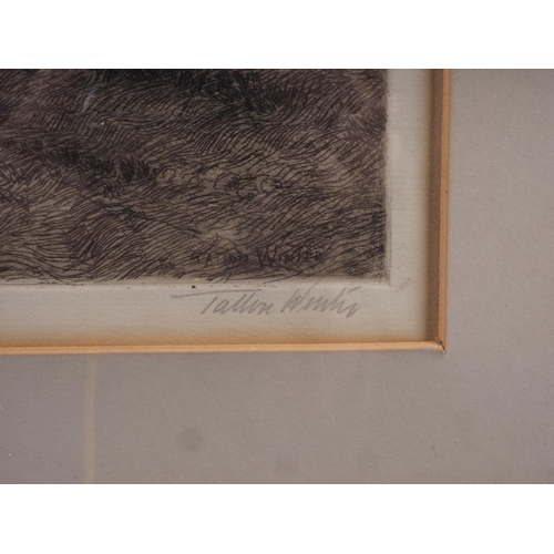 334 - Tatton Winter: a signed etching, shepherd and sheep, in mahogany frame, Valerie Petts: a signed limi... 