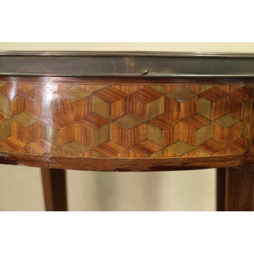 402 - A Louis XVI marquetry, parquetry and brass mounted circular top occasional table, fitted frieze draw... 